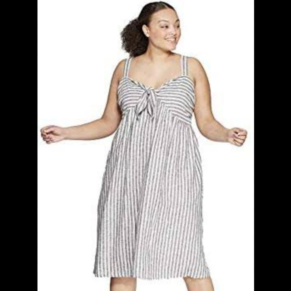Who what wear grey and white striped midi dress with bow at chest and pockets, s